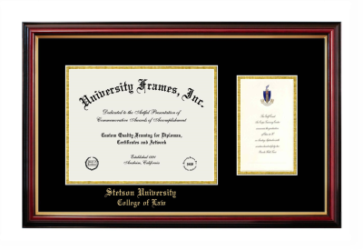 Stetson University College of Law Diploma with Announcement Frame in Petite Mahogany with Gold Trim with Black & Gold Mats for document: 8 1/2"h x 11"w  , diploma: 7"h x 4"w  