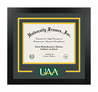 University of Alaska Anchorage Logo Mat Frame in Manhattan Black with Forest Green & Amber Mats for document: 8 1/2"h x 11"w  