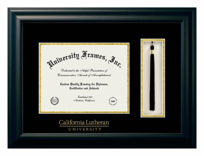 California Lutheran University Diploma with Tassel Box Frame in Satin Black with Black & Gold Mats for document: 8 1/2"h x 11"w  