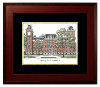 University of Arkansas (Fayetteville) Lithograph Only Frame in Honors Mahogany with Black & Gold Mats
