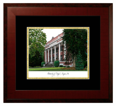 University of Oregon Lithograph Only Frame in Honors Mahogany with Black & Gold Mats