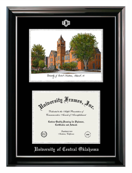 University of Central Oklahoma Double Opening with Campus Image (Stacked) Frame in Classic Ebony with Silver Trim with Black & Silver Mats for document: 8 1/2"h x 11"w  