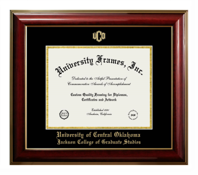 University of Central Oklahoma Jackson College of Graduate Studies Diploma Frame in Classic Mahogany with Gold Trim with Black & Gold Mats for document: 8 1/2"h x 11"w  