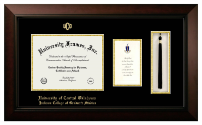 University of Central Oklahoma Jackson College of Graduate Studies Diploma with Announcement & Tassel Box Frame in Legacy Black Cherry with Black & Gold Mats for document: 8 1/2"h x 11"w  , diploma: 7"h x 4"w  