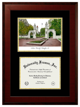 Indiana University Double Opening with Campus Image (Unimprinted Mat) Frame in Honors Mahogany with Black & Gold Mats for document: 8 1/2"h x 11"w  