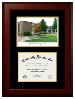 Appalachian State University Double Opening with Campus Image (Unimprinted Mat) Frame in Honors Mahogany with Black & Gold Mats for document: 8 1/2"h x 11"w  