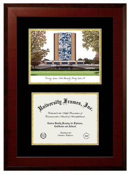 Bowling Green State University Double Opening with Campus Image (Unimprinted Mat) Frame in Honors Mahogany with Black & Gold Mats for document: 8 1/2"h x 11"w  
