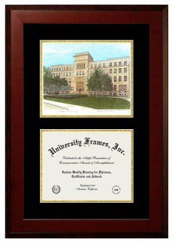 Bradley University Double Opening with Campus Image (Unimprinted Mat) Frame in Honors Mahogany with Black & Gold Mats for document: 8 1/2"h x 11"w  