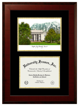 Brigham Young University J. Reuben Clark Law School Double Opening with Campus Image (Unimprinted Mat) Frame in Honors Mahogany with Black & Gold Mats for document: 8 1/2"h x 11"w  