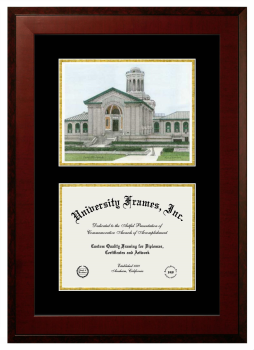 Carnegie Mellon University H. John Heinz III School of Public Policy and Management Double Opening with Campus Image (Unimprinted Mat) Frame in Honors Mahogany with Black & Gold Mats for document: 8 1/2"h x 11"w  