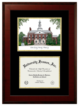 Eastern Kentucky University Double Opening with Campus Image (Unimprinted Mat) Frame in Honors Mahogany with Black & Gold Mats for document: 8 1/2"h x 11"w  