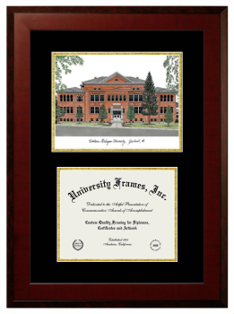 Eastern Michigan University Double Opening with Campus Image (Unimprinted Mat) Frame in Honors Mahogany with Black & Gold Mats for document: 8 1/2"h x 11"w  
