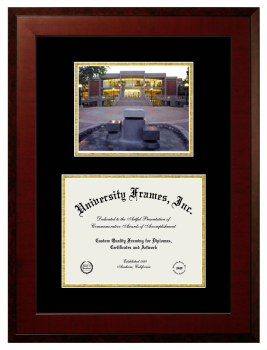 Eastern Washington University Double Opening with Campus Image (Unimprinted Mat) Frame in Honors Mahogany with Black & Gold Mats for document: 8 1/2"h x 11"w  
