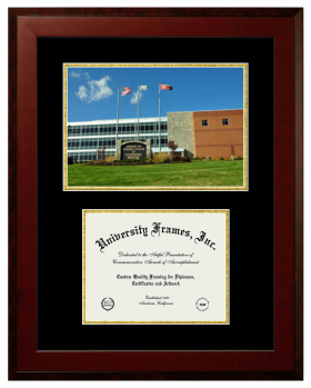Edward Via Virginia College of Osteopathic Medicine Double Opening with Campus Image (Unimprinted Mat) Frame in Honors Mahogany with Black & Gold Mats for document: 8 1/2"h x 11"w  
