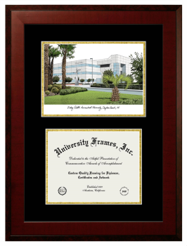Embry-Riddle Aeronautical University (Daytona Campus) Double Opening with Campus Image (Unimprinted Mat) Frame in Honors Mahogany with Black & Gold Mats for document: 8 1/2"h x 11"w  