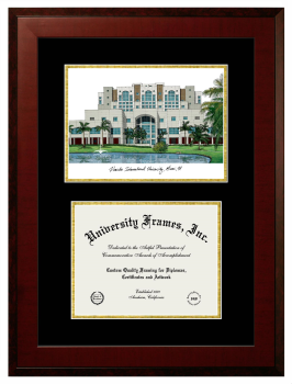 Florida International University Double Opening with Campus Image (Unimprinted Mat) Frame in Honors Mahogany with Black & Gold Mats for document: 8 1/2"h x 11"w  