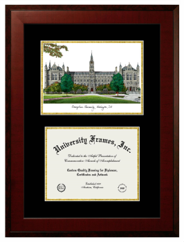 Georgetown University Double Opening with Campus Image (Unimprinted Mat) Frame in Honors Mahogany with Black & Gold Mats for document: 8 1/2"h x 11"w  