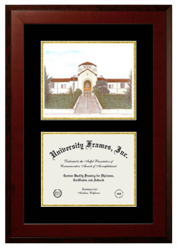 Humboldt State University Double Opening with Campus Image (Unimprinted Mat) Frame in Honors Mahogany with Black & Gold Mats for document: 8 1/2"h x 11"w  