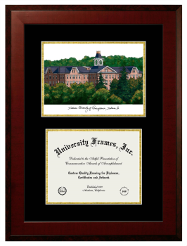 Indiana University of Pennsylvania Double Opening with Campus Image (Unimprinted Mat) Frame in Honors Mahogany with Black & Gold Mats for document: 8 1/2"h x 11"w  