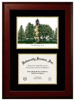 Iowa State University Double Opening with Campus Image (Unimprinted Mat) Frame in Honors Mahogany with Black & Gold Mats for document: 8 1/2"h x 11"w  
