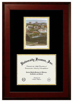 Ithaca College School of Health Sciences and Human Performance Double Opening with Campus Image (Unimprinted Mat) Frame in Honors Mahogany with Black & Gold Mats for document: 8 1/2"h x 11"w  