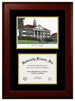 James Madison University College of Arts and Letters Double Opening with Campus Image (Unimprinted Mat) Frame in Honors Mahogany with Black & Gold Mats for document: 8 1/2"h x 11"w  