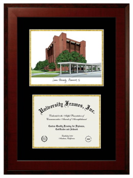 Lamar University Mary Morgan Moore Department of Music Double Opening with Campus Image (Unimprinted Mat) Frame in Honors Mahogany with Black & Gold Mats for document: 8 1/2"h x 11"w  