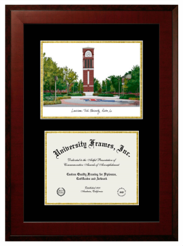 Louisiana Tech University Double Opening with Campus Image (Unimprinted Mat) Frame in Honors Mahogany with Black & Gold Mats for document: 8 1/2"h x 11"w  