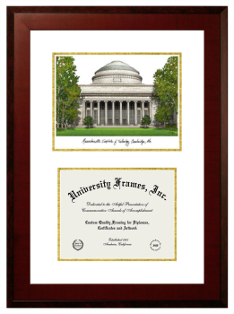 Massachusetts Institute of Technology Double Opening with Campus Image (Unimprinted Mat) Frame in Honors Mahogany with White & Gold Mats for document: 8 1/2"h x 11"w  