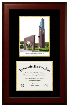 Minnesota State University Mankato Double Opening with Campus Image (Unimprinted Mat) Frame in Honors Mahogany with Black & Gold Mats for document: 8 1/2"h x 11"w  