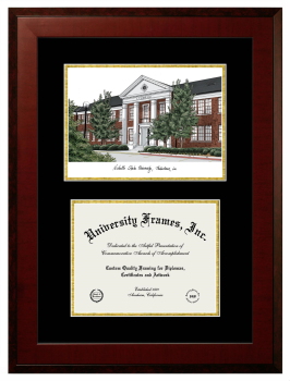 Nicholls State University Double Opening with Campus Image (Unimprinted Mat) Frame in Honors Mahogany with Black & Gold Mats for document: 8 1/2"h x 11"w  