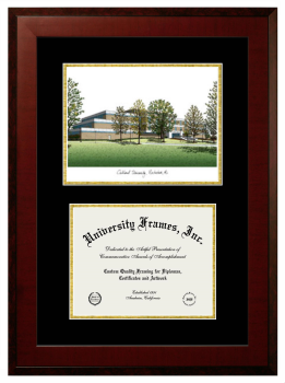 Oakland University Double Opening with Campus Image (Unimprinted Mat) Frame in Honors Mahogany with Black & Gold Mats for document: 8 1/2"h x 11"w  