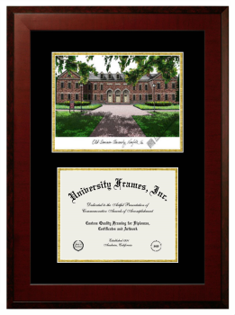 Old Dominion University Double Opening with Campus Image (Unimprinted Mat) Frame in Honors Mahogany with Black & Gold Mats for document: 8 1/2"h x 11"w  
