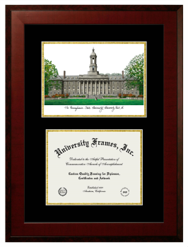 Pennsylvania State University Double Opening with Campus Image (Unimprinted Mat) Frame in Honors Mahogany with Black & Gold Mats for document: 8 1/2"h x 11"w  