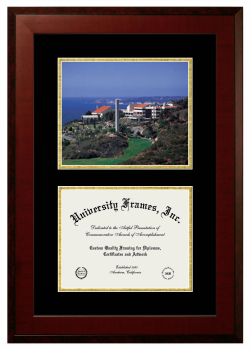 Pepperdine University School of Public Policy Double Opening with Campus Image (Unimprinted Mat) Frame in Honors Mahogany with Black & Gold Mats for document: 8 1/2"h x 11"w  