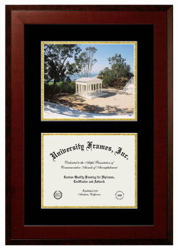Point Loma Nazarene University Double Opening with Campus Image (Unimprinted Mat) Frame in Honors Mahogany with Black & Gold Mats for document: 8 1/2"h x 11"w  