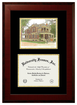 Portland State University Double Opening with Campus Image (Unimprinted Mat) Frame in Honors Mahogany with Black & Gold Mats for document: 8 1/2"h x 11"w  