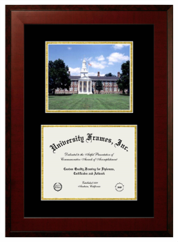 Rowan University Cooper Medical School Double Opening with Campus Image (Unimprinted Mat) Frame in Honors Mahogany with Black & Gold Mats for document: 8 1/2"h x 11"w  