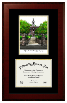 Rutgers The State University of New Jersey New Jersey Medical School Double Opening with Campus Image (Unimprinted Mat) Frame in Honors Mahogany with Black & Gold Mats for document: 8 1/2"h x 11"w  