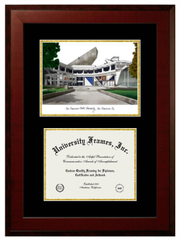 San Francisco State University Double Opening with Campus Image (Unimprinted Mat) Frame in Honors Mahogany with Black & Gold Mats for document: 8 1/2"h x 11"w  