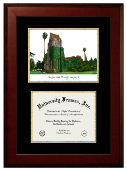 San Jose State University Double Opening with Campus Image (Unimprinted Mat) Frame in Honors Mahogany with Black & Gold Mats for document: 8 1/2"h x 11"w  