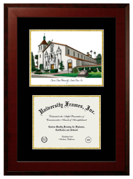 Santa Clara University Double Opening with Campus Image (Unimprinted Mat) Frame in Honors Mahogany with Black & Gold Mats for document: 8 1/2"h x 11"w  