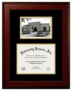 South Dakota School of Mines & Technology Double Opening with Campus Image (Unimprinted Mat) Frame in Honors Mahogany with Black & Gold Mats for document: 8 1/2"h x 11"w  