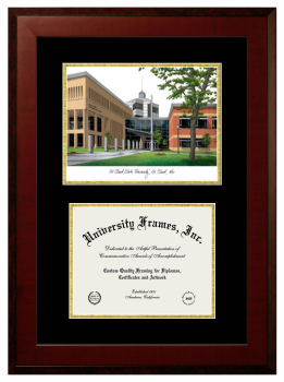 St. Cloud State University Double Opening with Campus Image (Unimprinted Mat) Frame in Honors Mahogany with Black & Gold Mats for document: 8 1/2"h x 11"w  