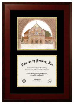 Stanford University Double Opening with Campus Image (Unimprinted Mat) Frame in Honors Mahogany with Black & Gold Mats for document: 8 1/2"h x 11"w  