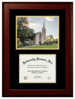 Texas Lutheran University Double Opening with Campus Image (Unimprinted Mat) Frame in Honors Mahogany with Black & Gold Mats for document: 8 1/2"h x 11"w  