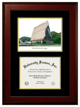 United States Air Force Academy Double Opening with Campus Image (Unimprinted Mat) Frame in Honors Mahogany with Black & Gold Mats for document: 8 1/2"h x 11"w  