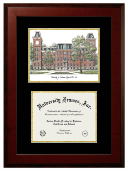 University of Arkansas (Fayetteville) Double Opening with Campus Image (Unimprinted Mat) Frame in Honors Mahogany with Black & Gold Mats for document: 8 1/2"h x 11"w  