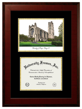 University of Chicago Double Opening with Campus Image (Unimprinted Mat) Frame in Honors Mahogany with Black & Gold Mats for document: 8 1/2"h x 11"w  