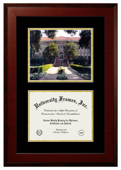 University of La Verne Double Opening with Campus Image (Unimprinted Mat) Frame in Honors Mahogany with Black & Gold Mats for document: 8 1/2"h x 11"w  